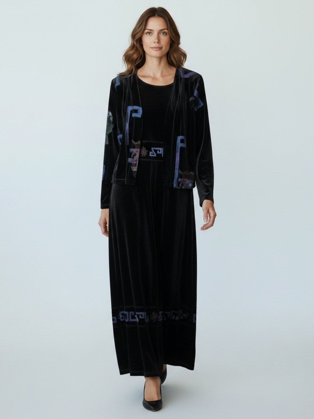 Sport Savvy Medium Black Velvet 2 Piece Maxi Dress Set Open Cardigan Jacket NWT